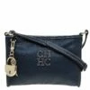 Carolina Herrera Navy Blue Leather Logo CH Crossbody Bag Women