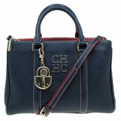 Carolina Herrera Navy Blue Leather Matteo Top Handle Bag Women