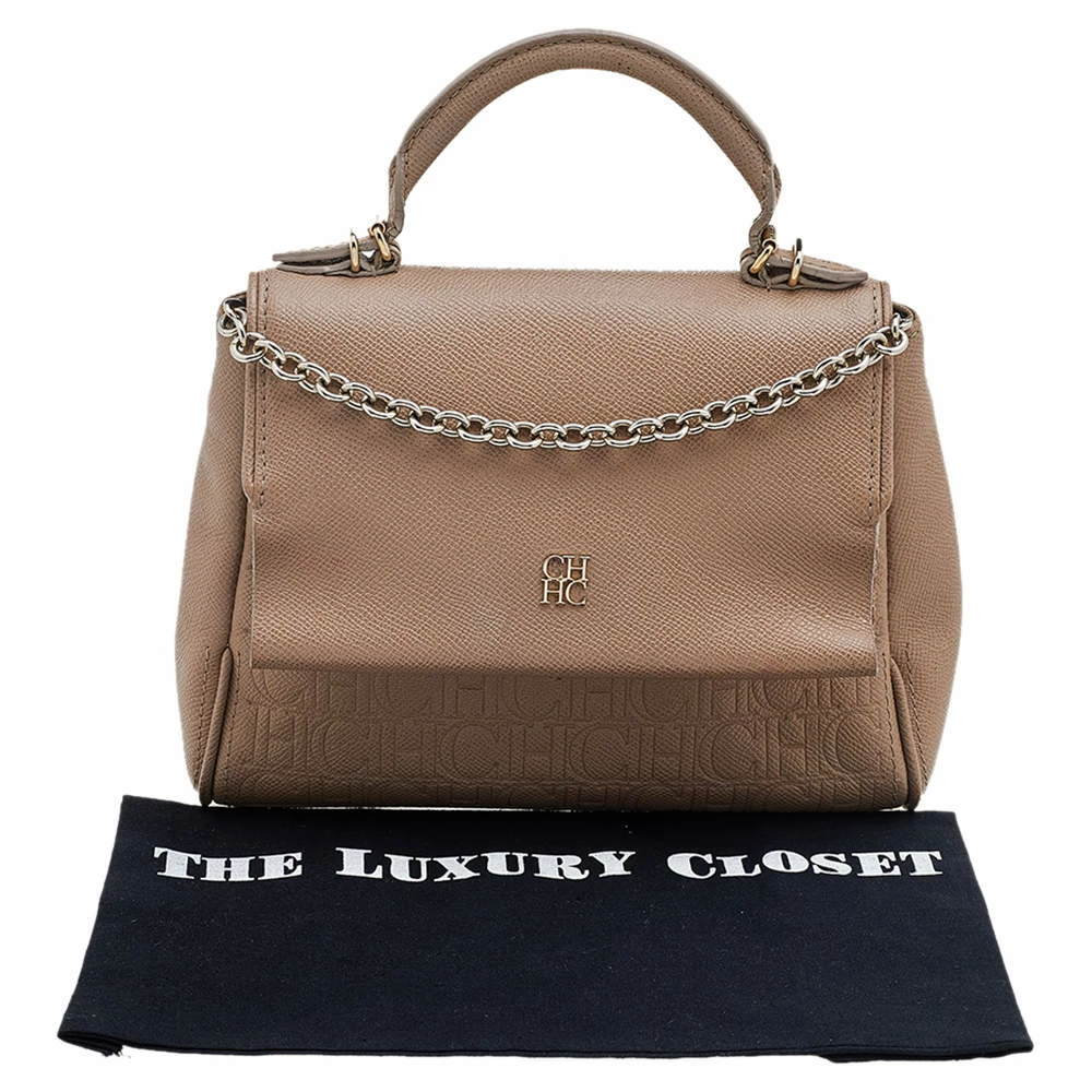 Carolina Herrera Beige Leather Monogram Embossed Minuetto Top Handle Bag Women