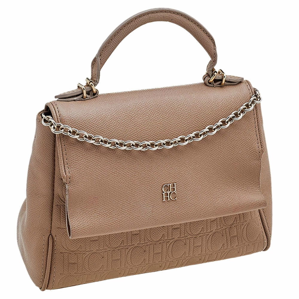 Carolina Herrera Beige Leather Monogram Embossed Minuetto Top Handle Bag Women