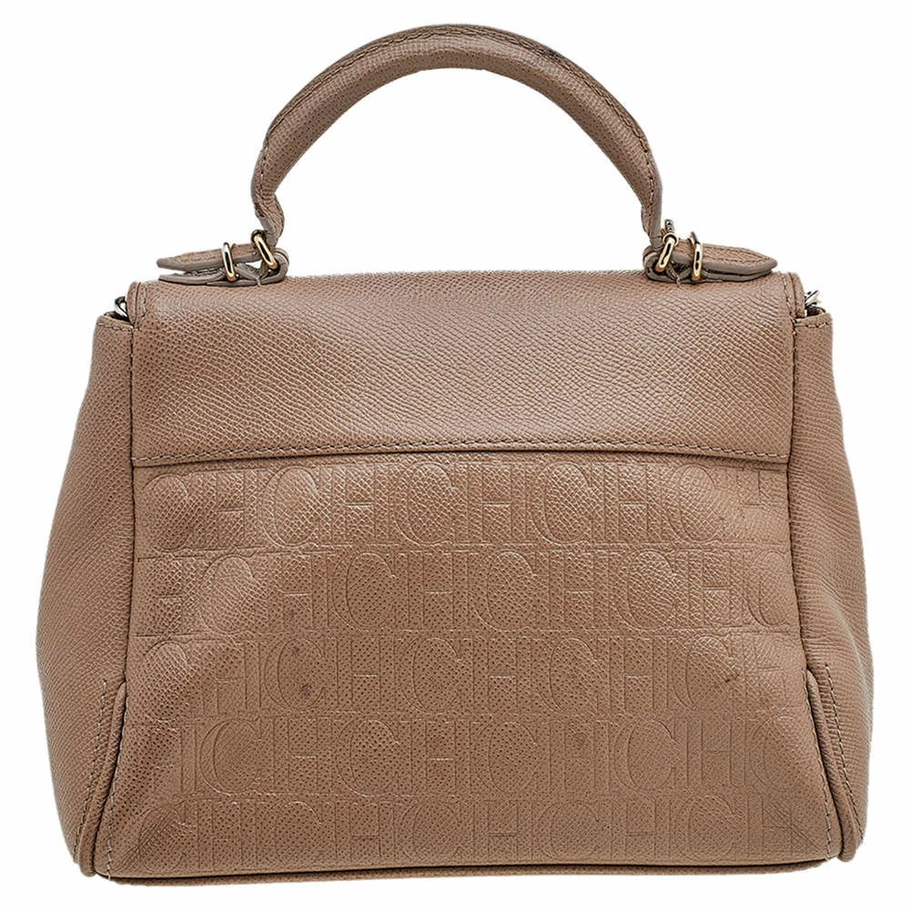Carolina Herrera Beige Leather Monogram Embossed Minuetto Top Handle Bag Women