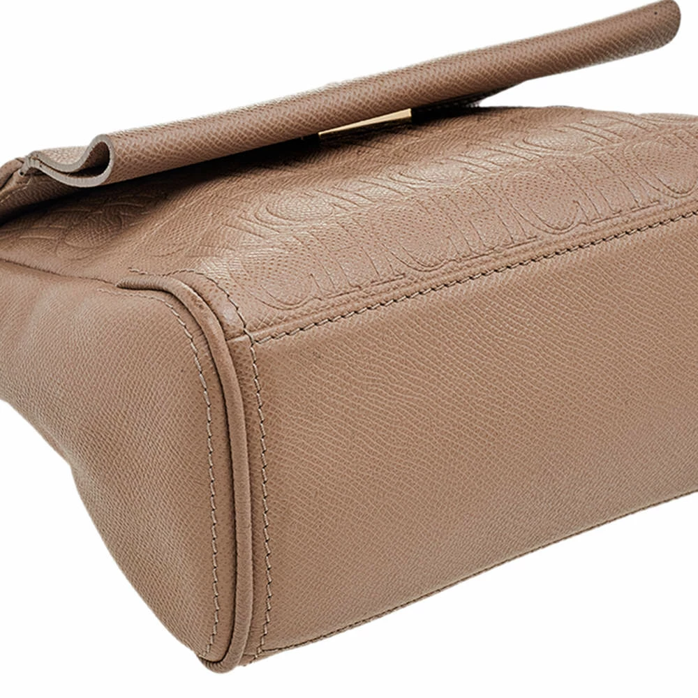 Carolina Herrera Beige Leather Monogram Embossed Minuetto Top Handle Bag Women