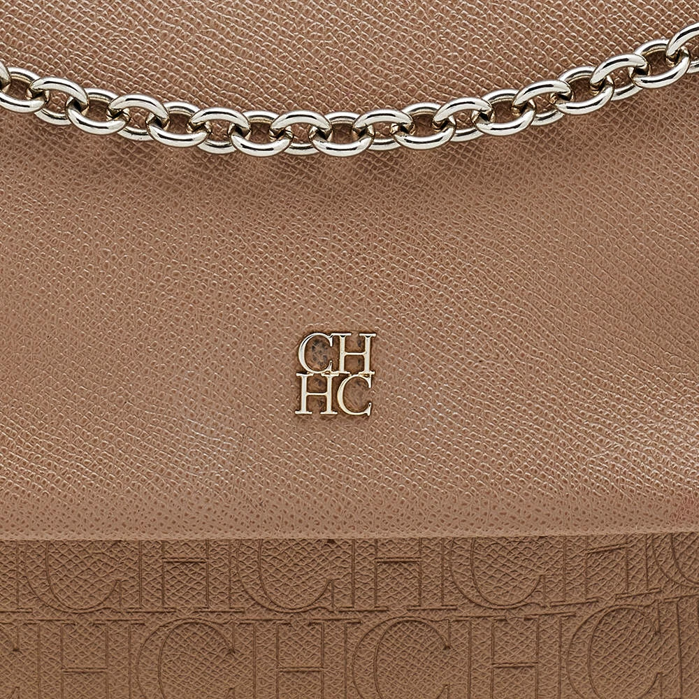 Carolina Herrera Beige Leather Monogram Embossed Minuetto Top Handle Bag Women