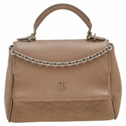 Carolina Herrera Beige Leather Monogram Embossed Minuetto Top Handle Bag Women