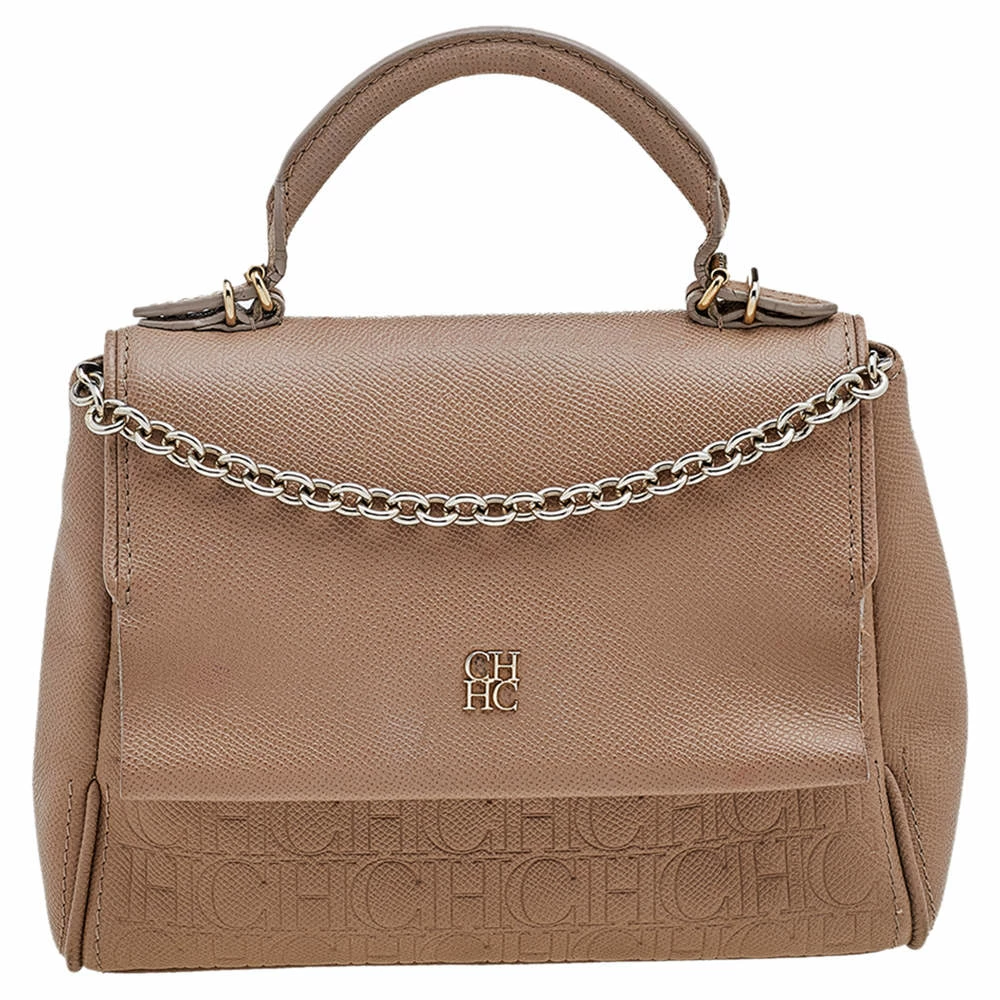 Carolina Herrera Beige Leather Monogram Embossed Minuetto Top Handle Bag Women