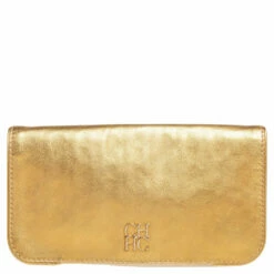 Carolina Herrera Metallic Gold Leather Logo Flap Clutch Women