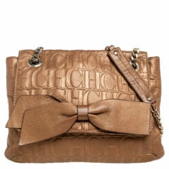 Carolina Herrera Metallic Gold Monogram Embossed Leather Bow Flap Shoulder Bag Women