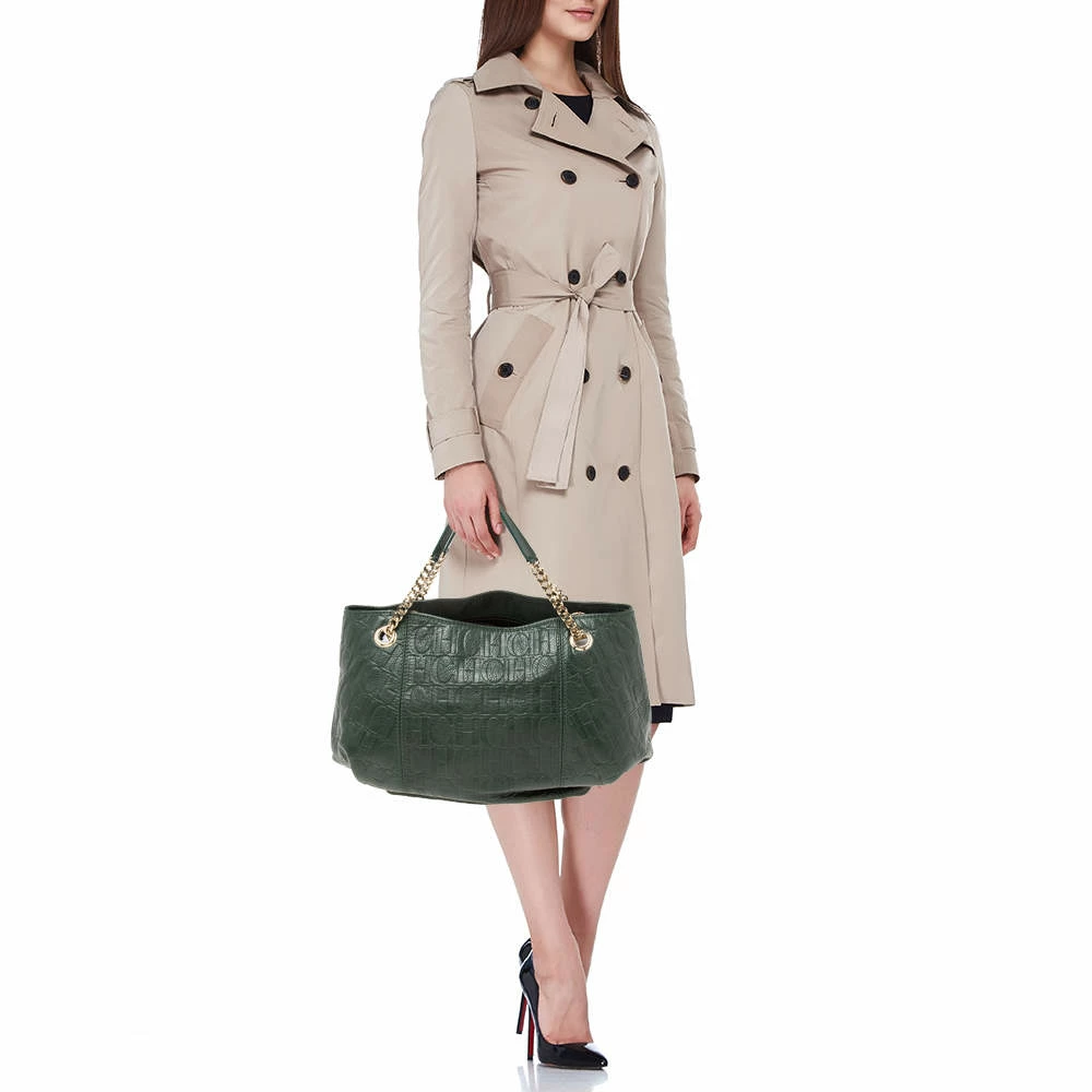 Carolina Herrera Green Monogram Embossed Leather Chain Handle Tote Women