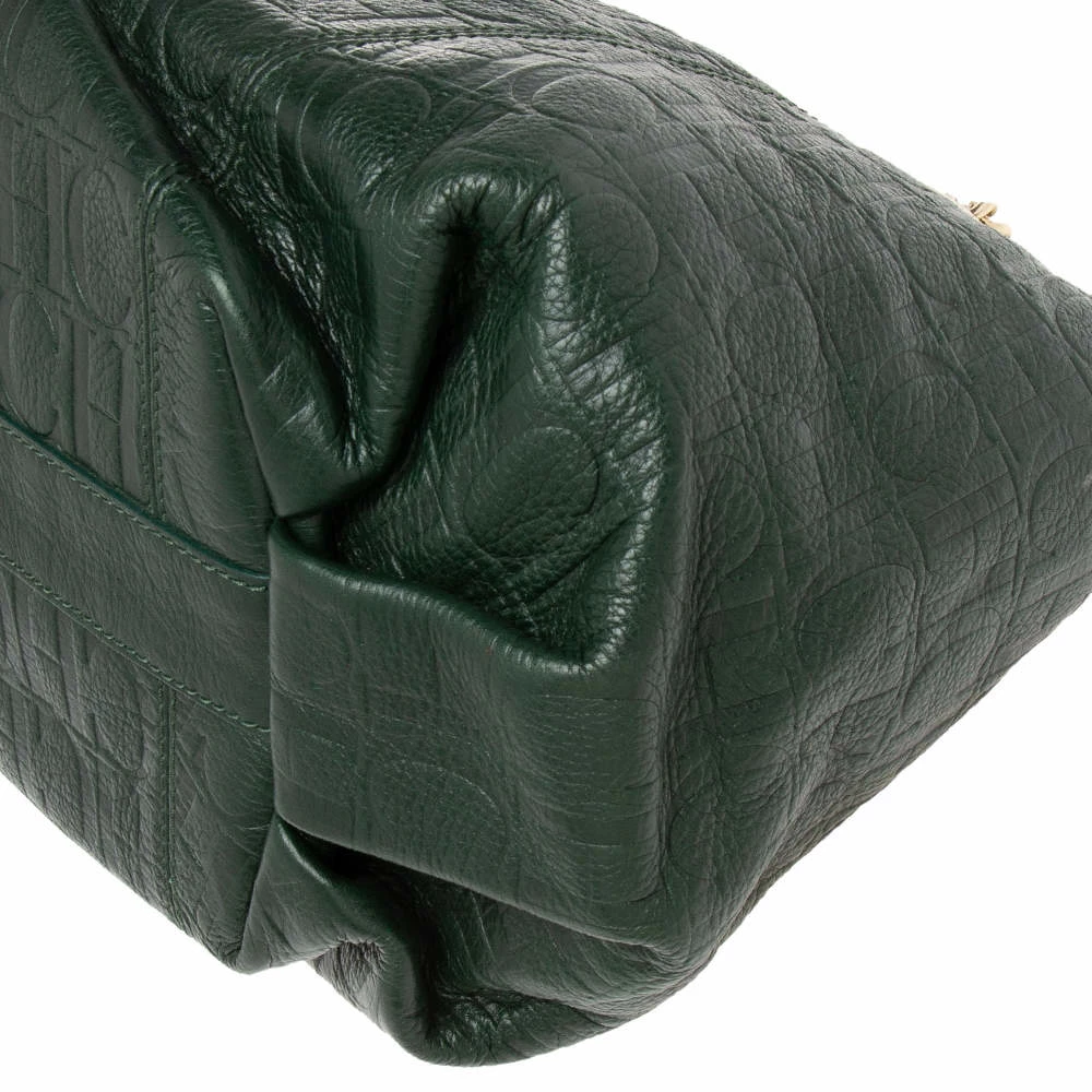 Carolina Herrera Green Monogram Embossed Leather Chain Handle Tote Women