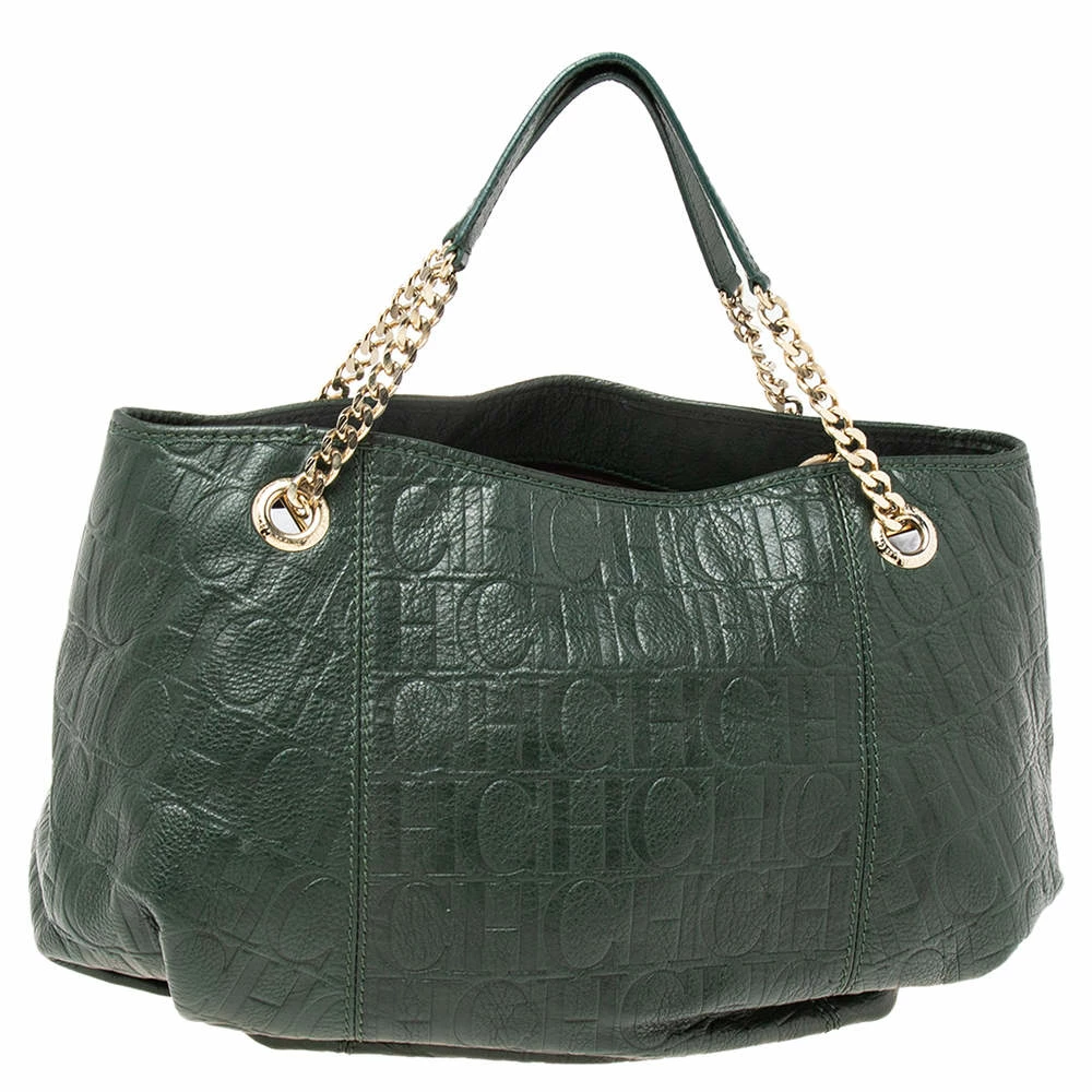 Carolina Herrera Green Monogram Embossed Leather Chain Handle Tote Women