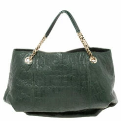 Carolina Herrera Green Monogram Embossed Leather Chain Handle Tote Women