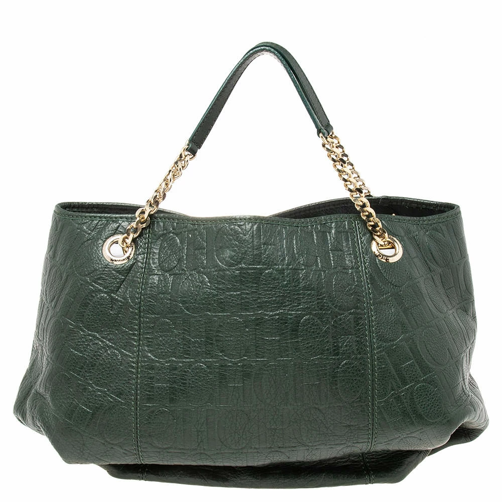 Carolina Herrera Green Monogram Embossed Leather Chain Handle Tote Women