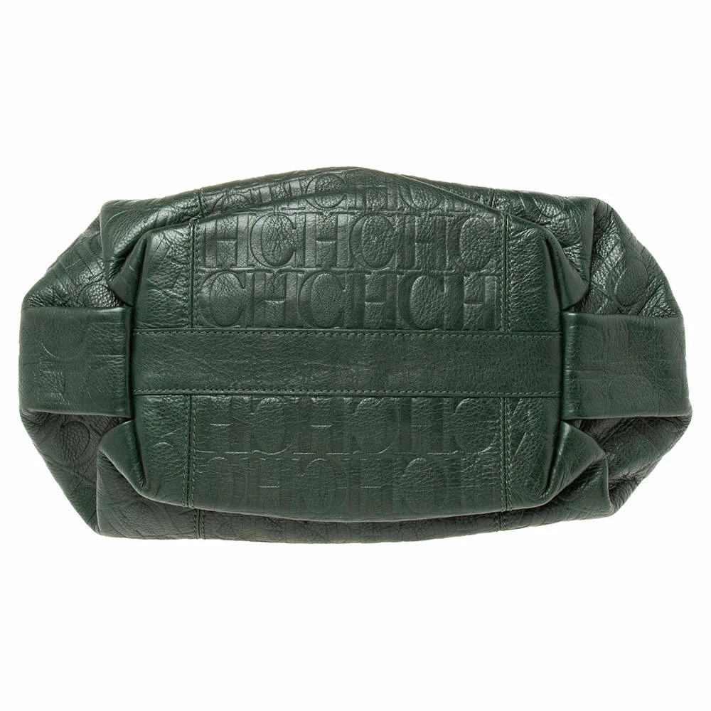 Carolina Herrera Green Monogram Embossed Leather Chain Handle Tote Women