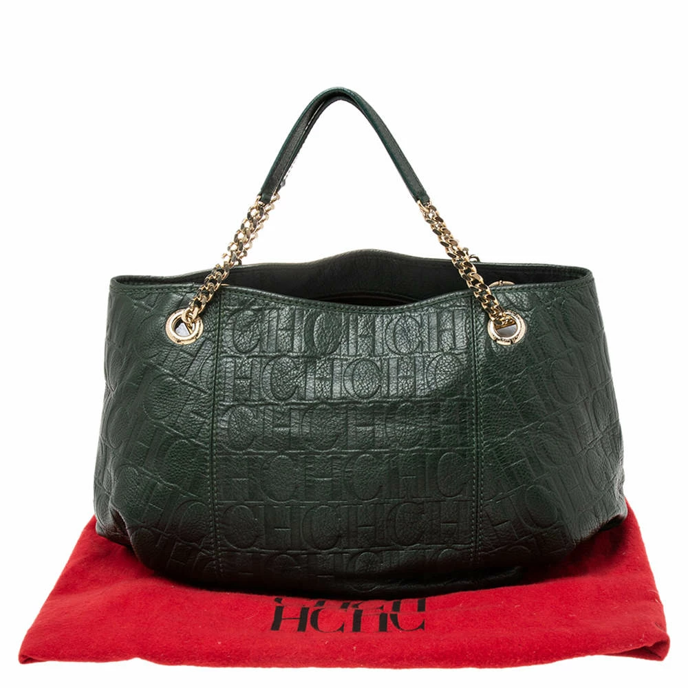 Carolina Herrera Green Monogram Embossed Leather Chain Handle Tote Women