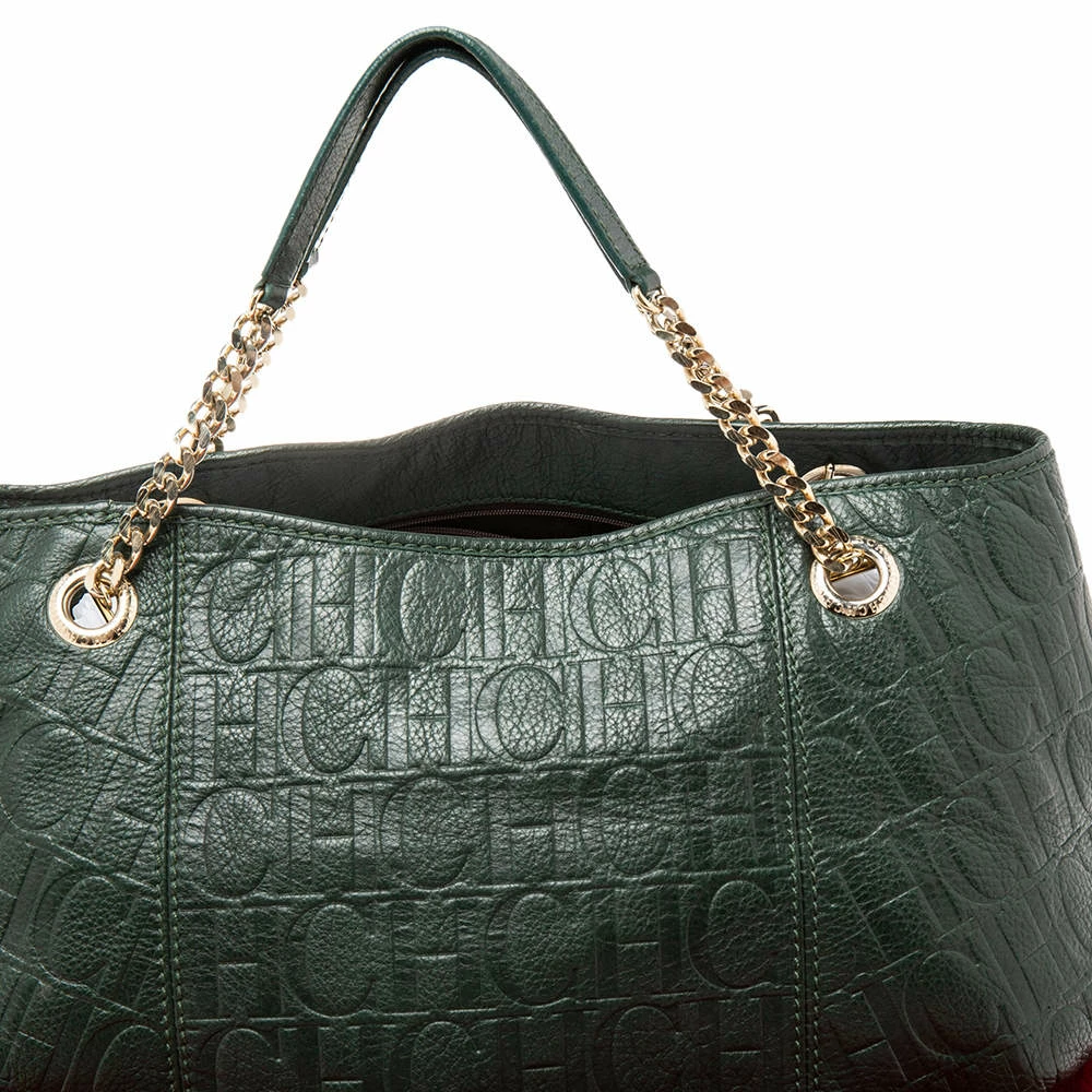 Carolina Herrera Green Monogram Embossed Leather Chain Handle Tote Women
