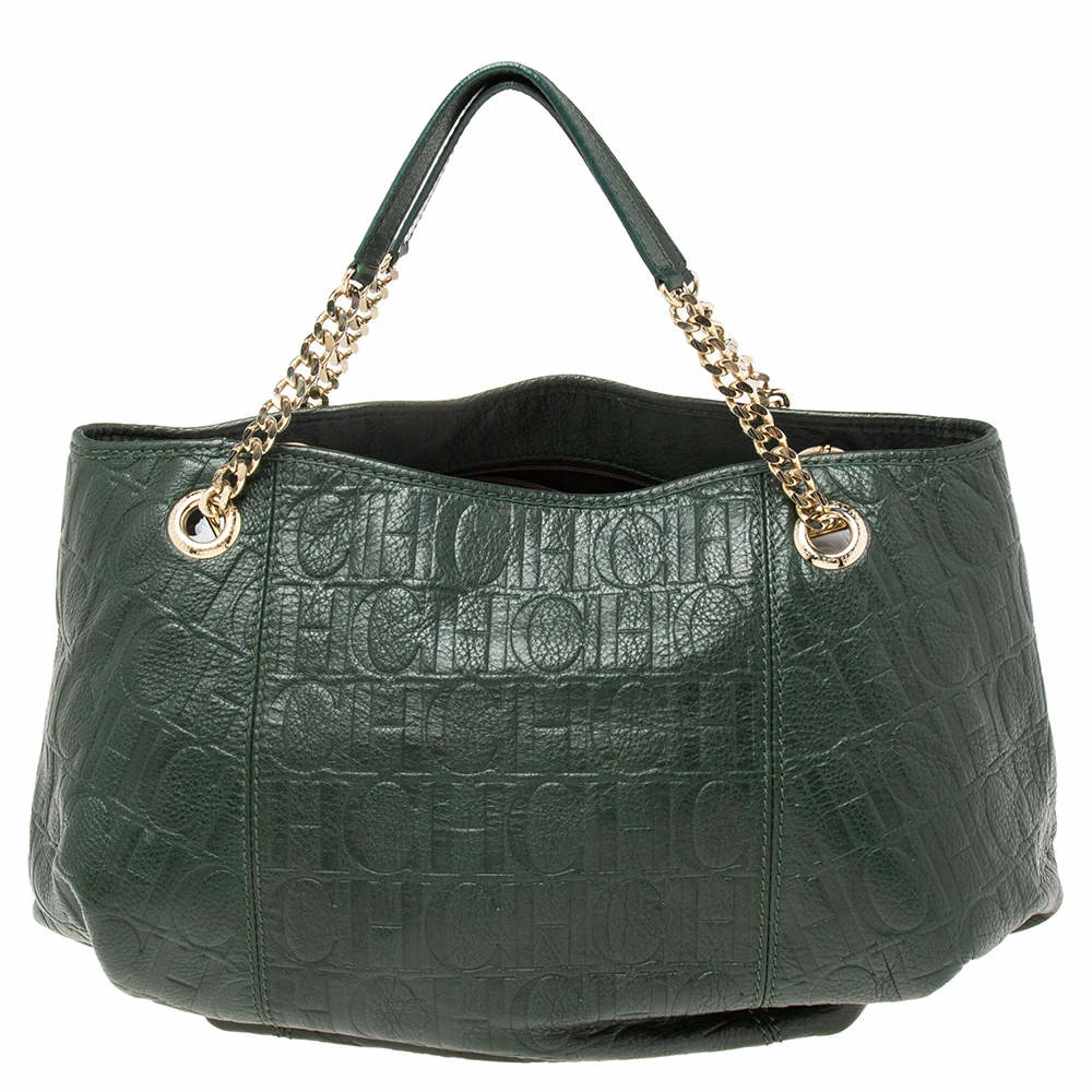 Carolina Herrera Green Monogram Embossed Leather Chain Handle Tote Women