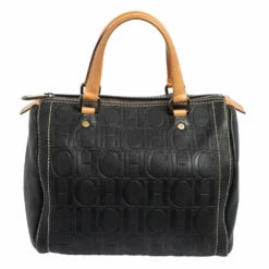 Carolina Herrera Black Monogram Embossed Leather Andy Boston Bag Women