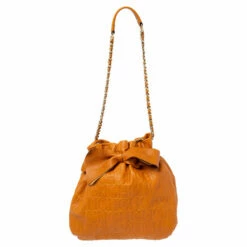 Carolina Herrera Orange Embossed Leather Bow Bucket Bag Women