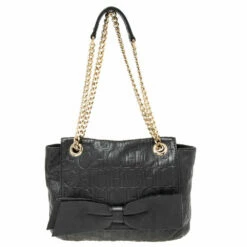 Carolina Herrera Black Monogram Embossed Leather Audrey Shoulder Bag Women