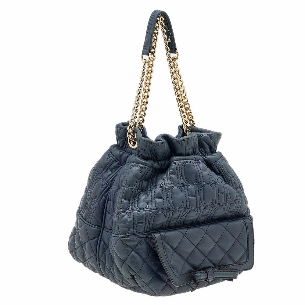 Carolina Herrera Blue Quilted Leather Bucket Bag Women