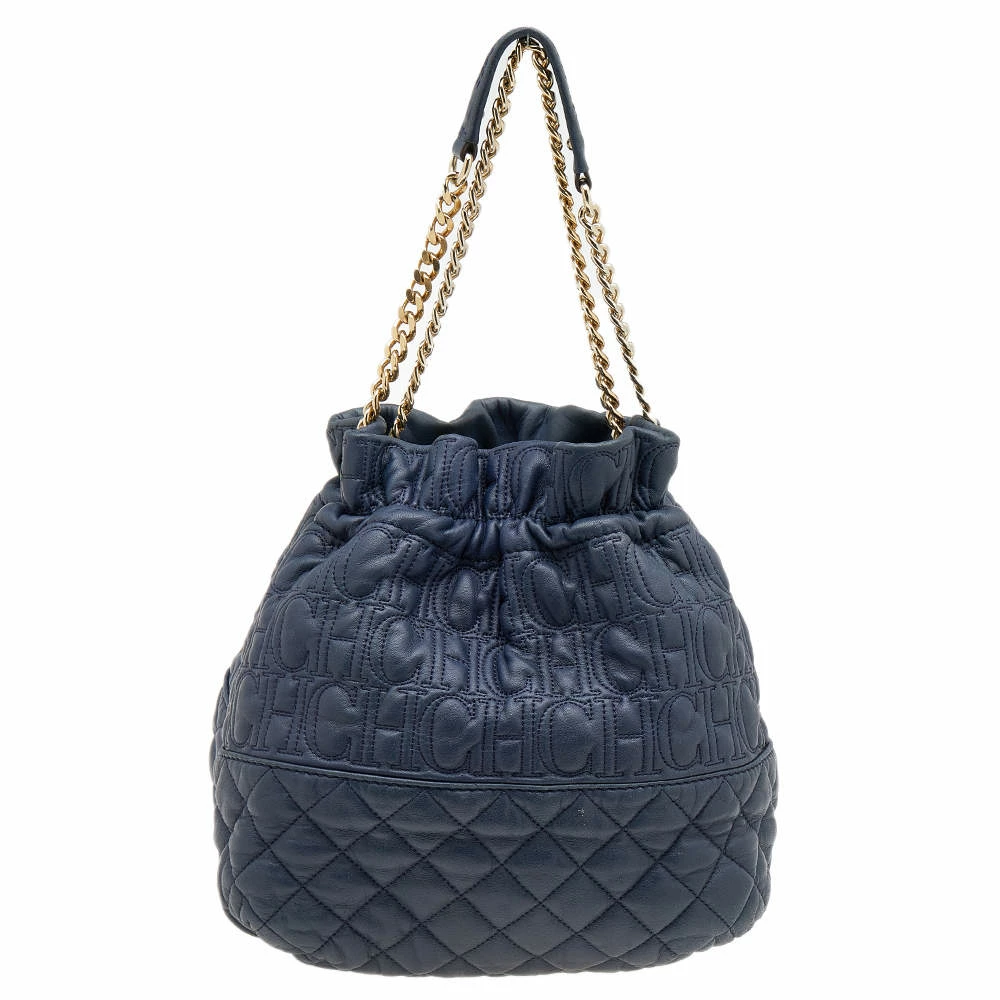 Carolina Herrera Blue Quilted Leather Bucket Bag Women