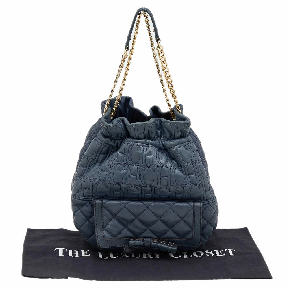 Carolina Herrera Blue Quilted Leather Bucket Bag Women