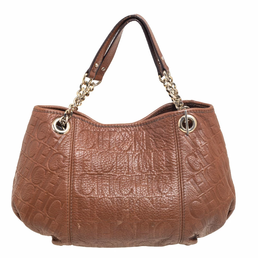 Carolina Herrera Brown Signature Embossed Leather Chain Hobo Women