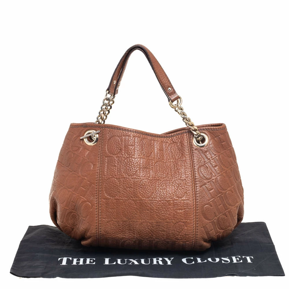 Carolina Herrera Brown Signature Embossed Leather Chain Hobo Women