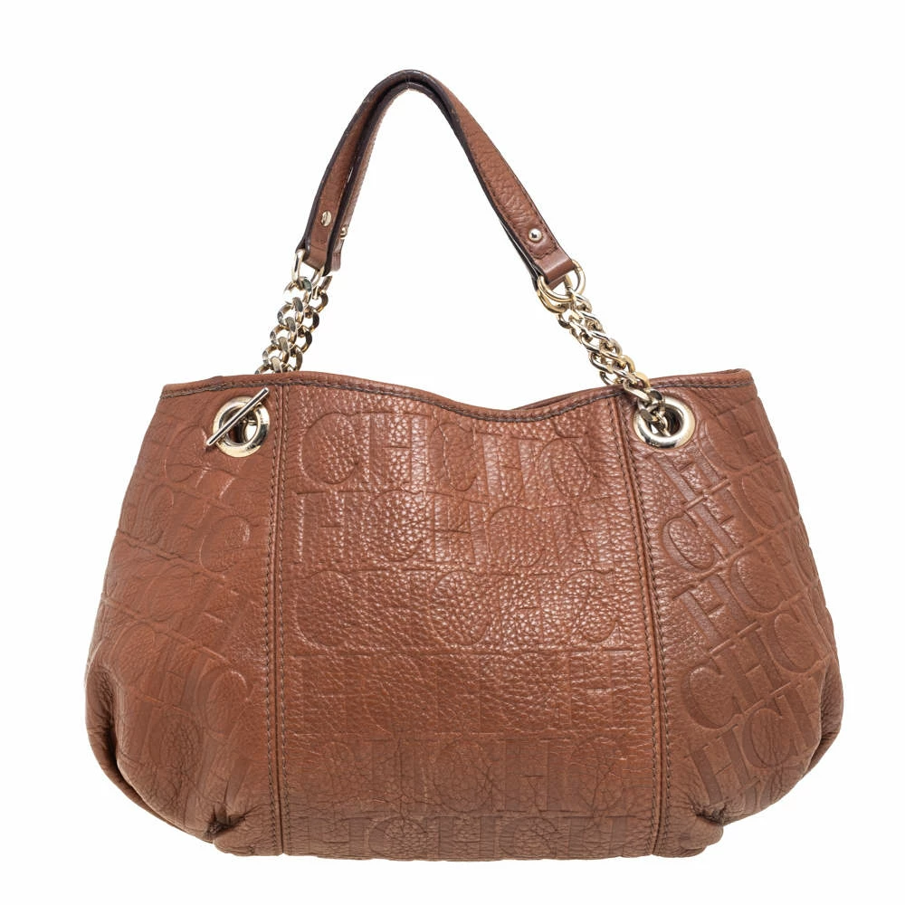 Carolina Herrera Brown Signature Embossed Leather Chain Hobo Women
