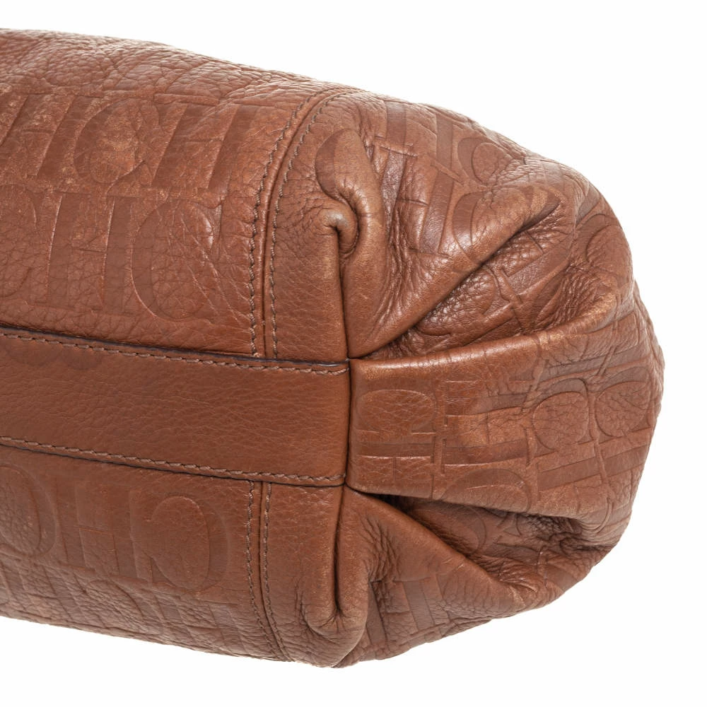 Carolina Herrera Brown Signature Embossed Leather Chain Hobo Women