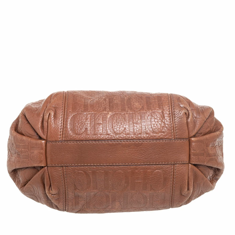 Carolina Herrera Brown Signature Embossed Leather Chain Hobo Women