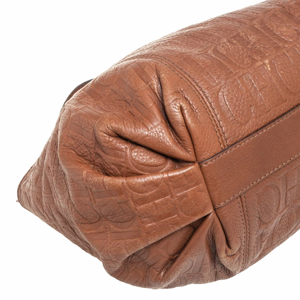 Carolina Herrera Brown Signature Embossed Leather Chain Hobo Women
