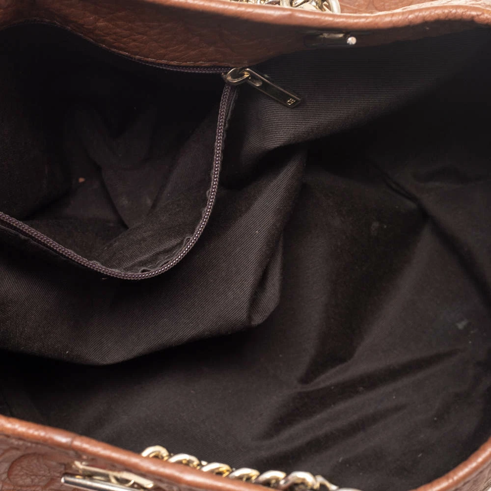 Carolina Herrera Brown Signature Embossed Leather Chain Hobo Women