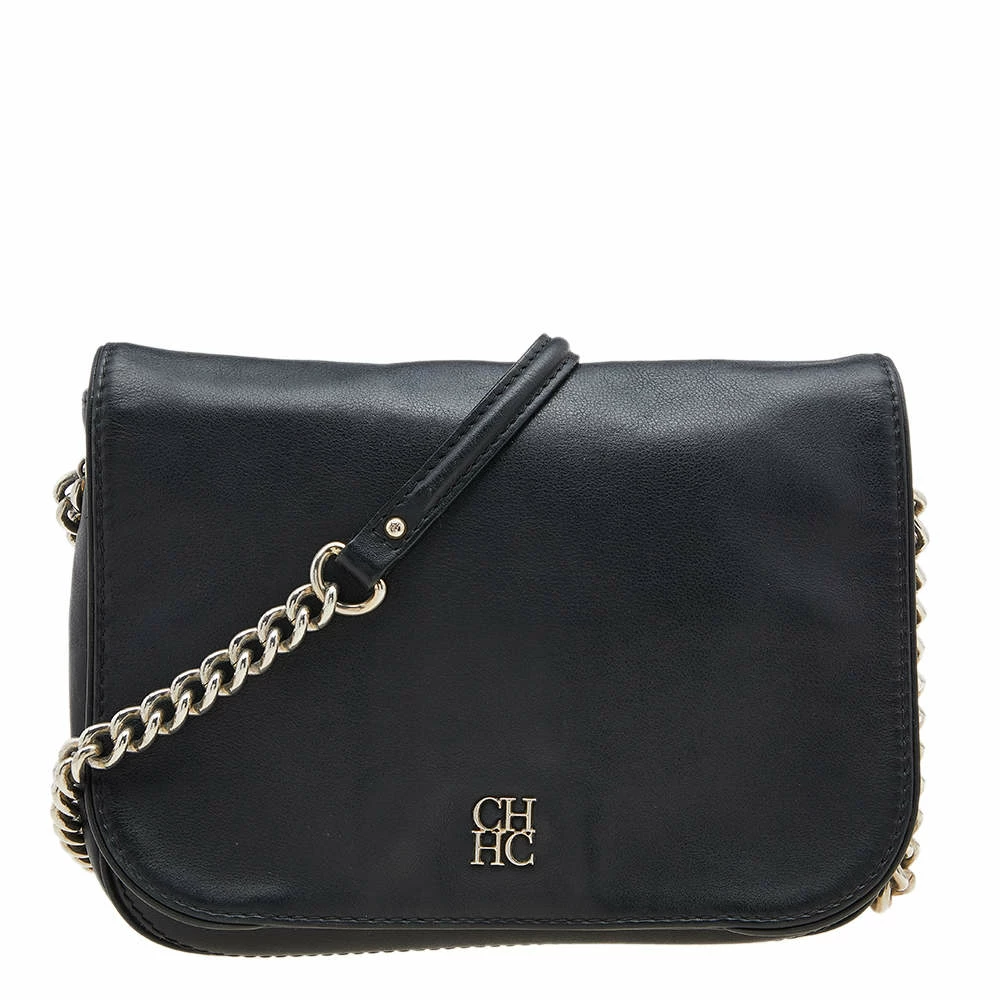 Carolina Herrera Black Leather Flap Crossbody Bag Women