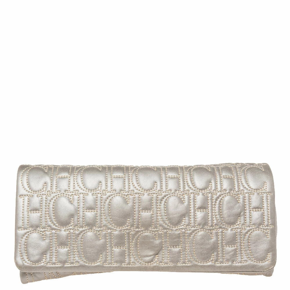 Carolina Herrera Grey Monogram Leather Flap Clutch Women