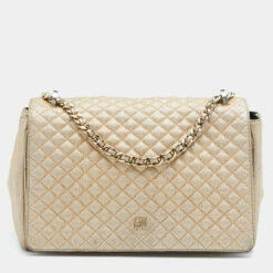 CH Carolina Herrera Metallic Gold Quilted Leather Flap Chain Shoulder Bag Women