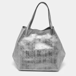 Carolina Herrera Metallic Silver Monogram Leather Matryoshka Tote Women