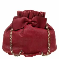 Carolina Herrera Red Embossed Leather Bow Bucket Shoulder Bag Women