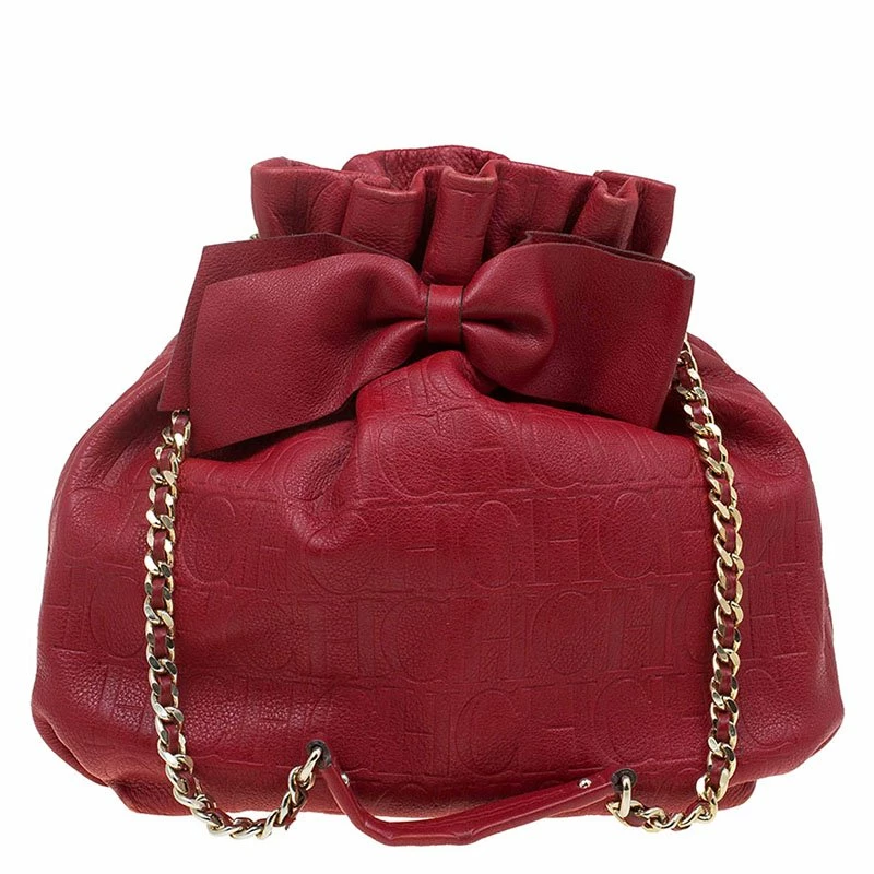Carolina Herrera Red Embossed Leather Bow Bucket Shoulder Bag Women