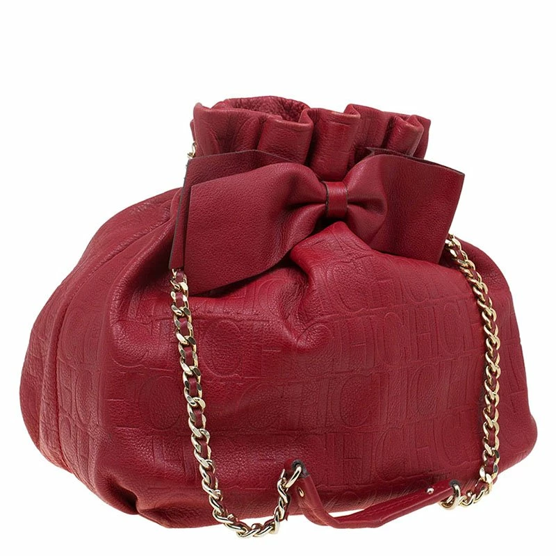 Carolina Herrera Red Embossed Leather Bow Bucket Shoulder Bag Women