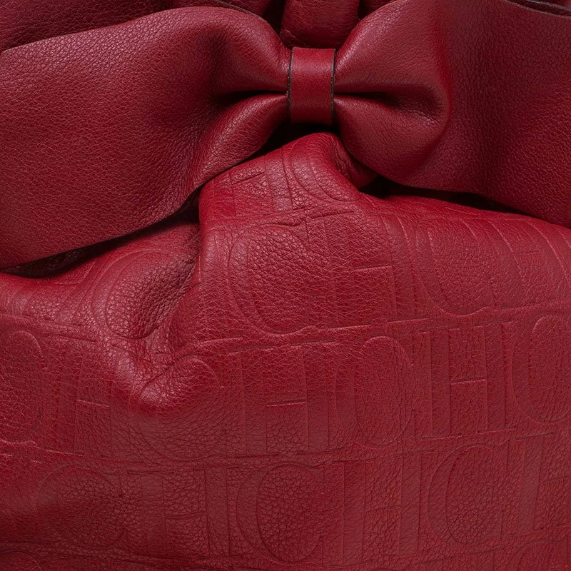 Carolina Herrera Red Embossed Leather Bow Bucket Shoulder Bag Women
