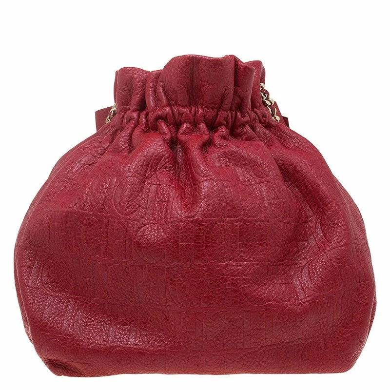 Carolina Herrera Red Embossed Leather Bow Bucket Shoulder Bag Women