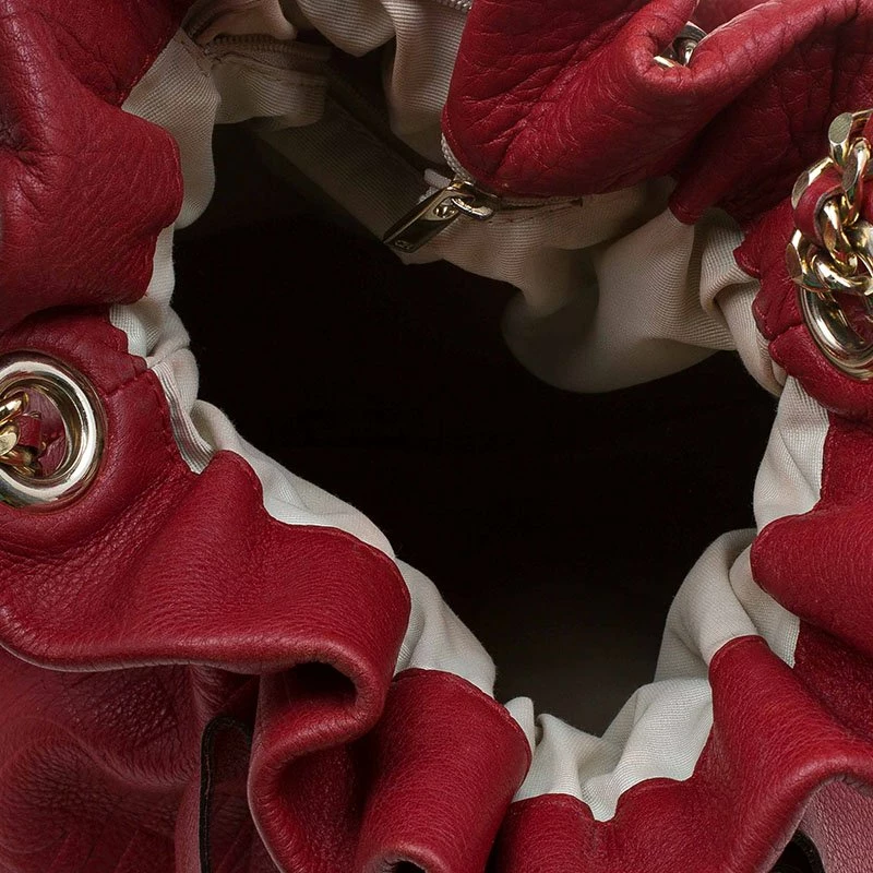 Carolina Herrera Red Embossed Leather Bow Bucket Shoulder Bag Women