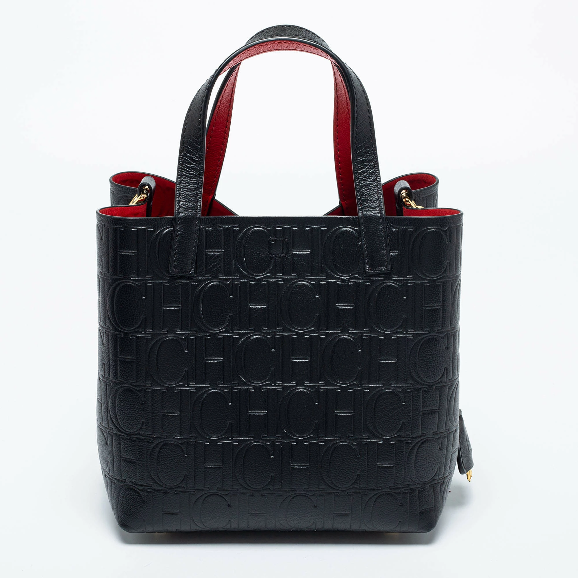 Carolina Herrera Black Monogram Embossed Leather Small Matryoshka Locked Tote Women