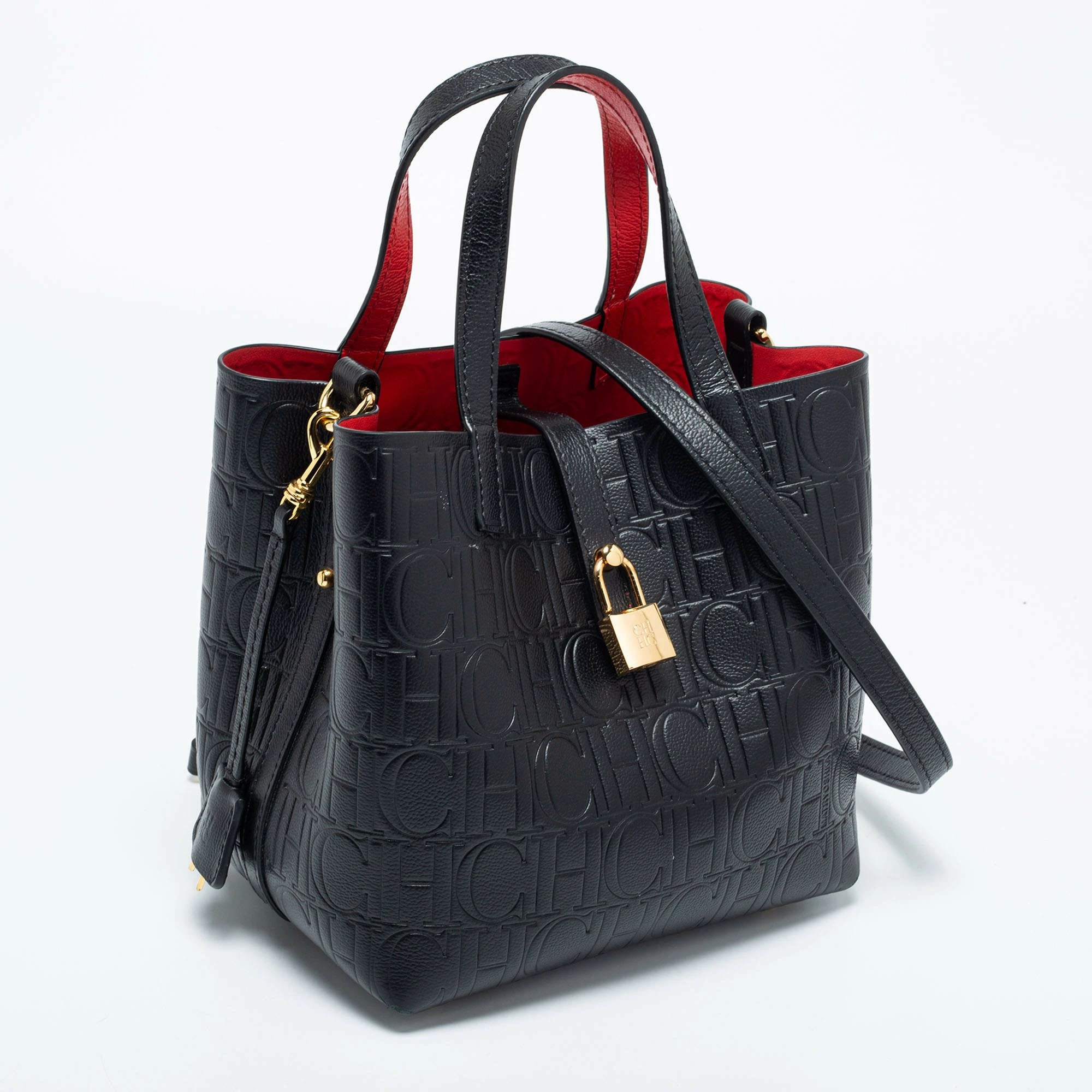 Carolina Herrera Black Monogram Embossed Leather Small Matryoshka Locked Tote Women