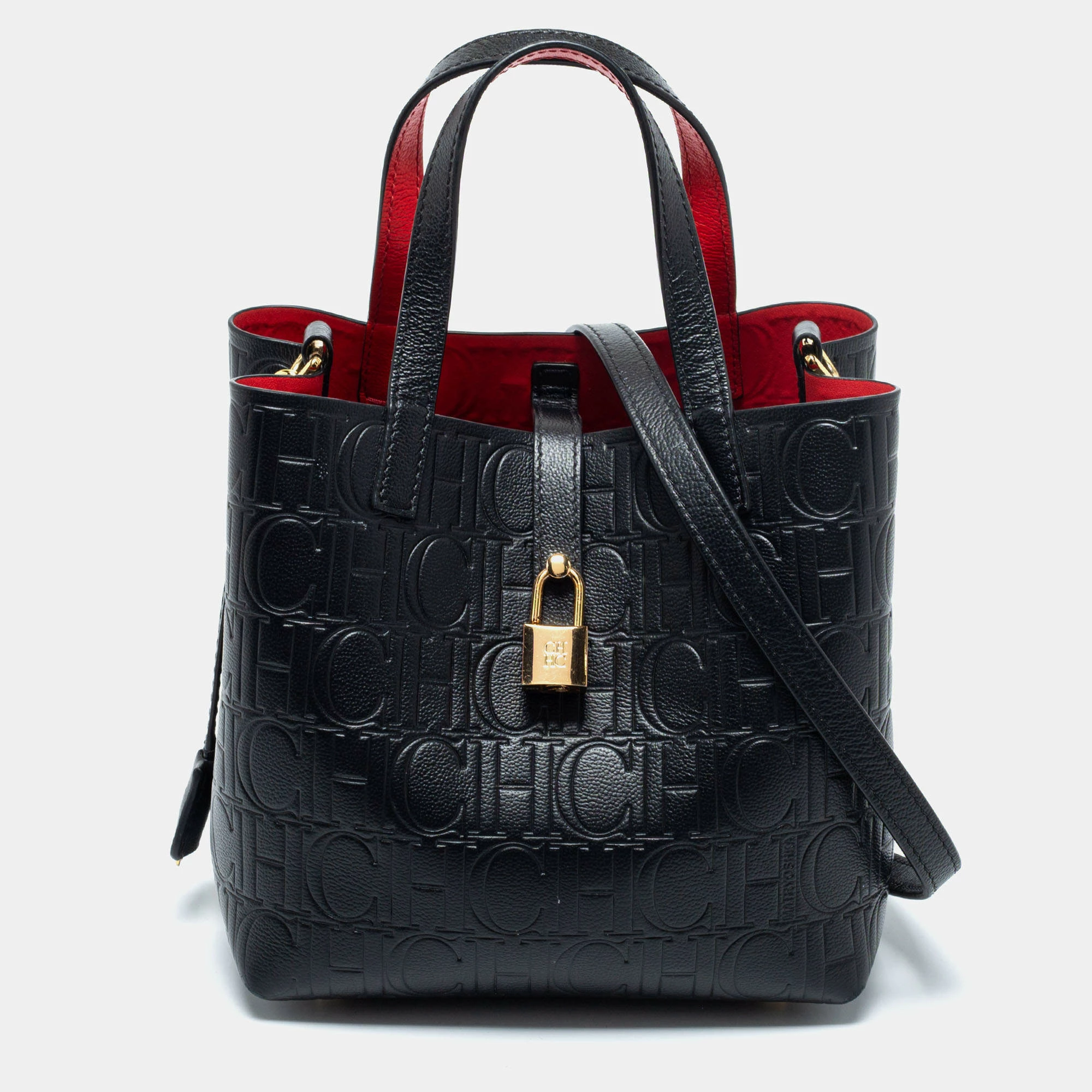 Carolina Herrera Black Monogram Embossed Leather Small Matryoshka Locked Tote Women