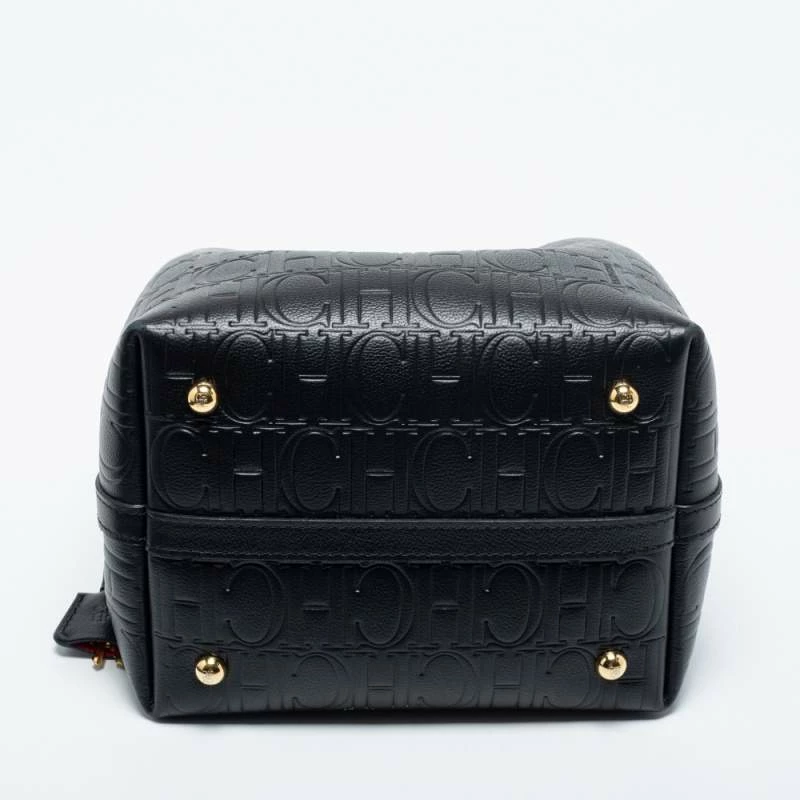Carolina Herrera Black Monogram Embossed Leather Small Matryoshka Locked Tote Women