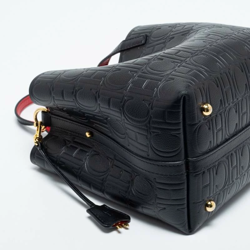 Carolina Herrera Black Monogram Embossed Leather Small Matryoshka Locked Tote Women