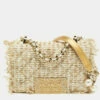 Carolina Herrera Beige/white Tweed And Leather Pearl Embellished Shoulder Bag Women