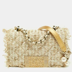 Carolina Herrera Beige/white Tweed And Leather Pearl Embellished Shoulder Bag Women